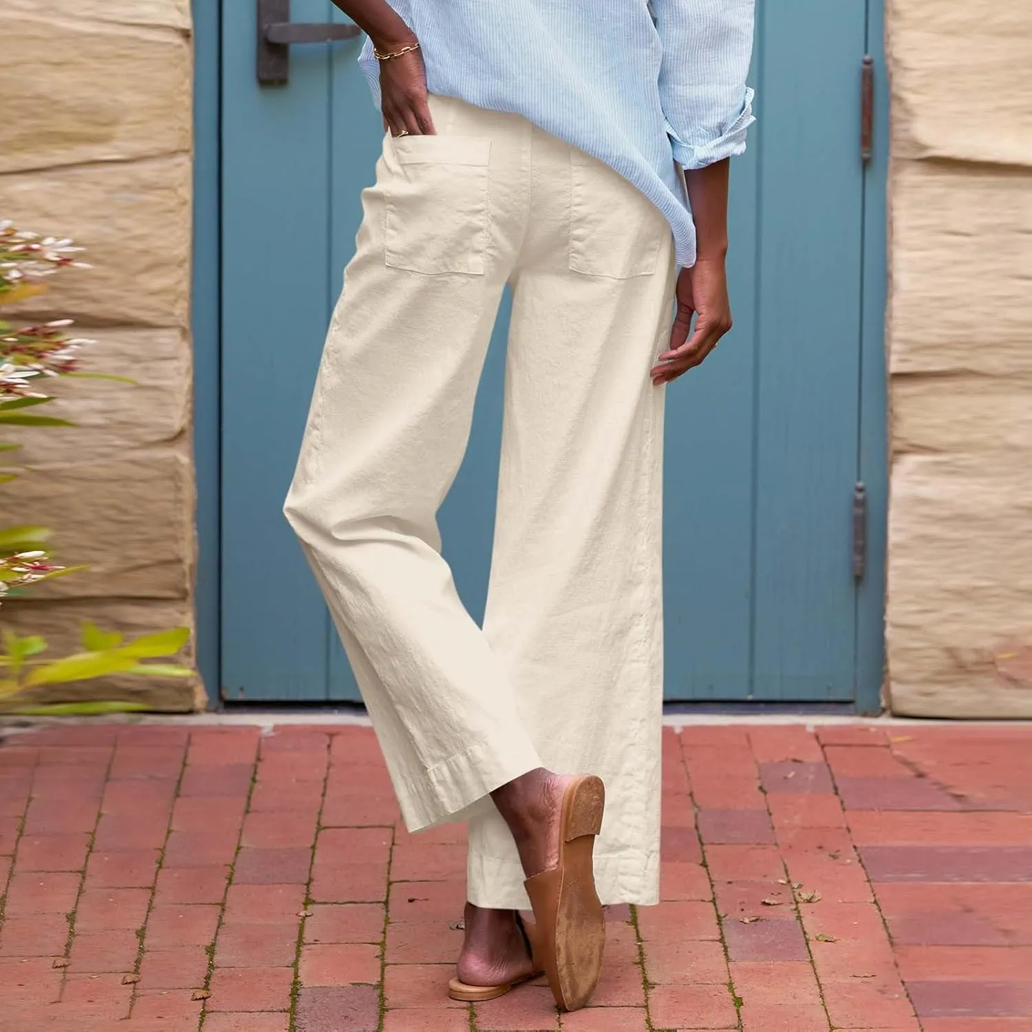 Linen Pants Women Straight Leg Lounge Cropped Capri Pants Dress Pants Summer Drawstring Casual Work Pants Trousers