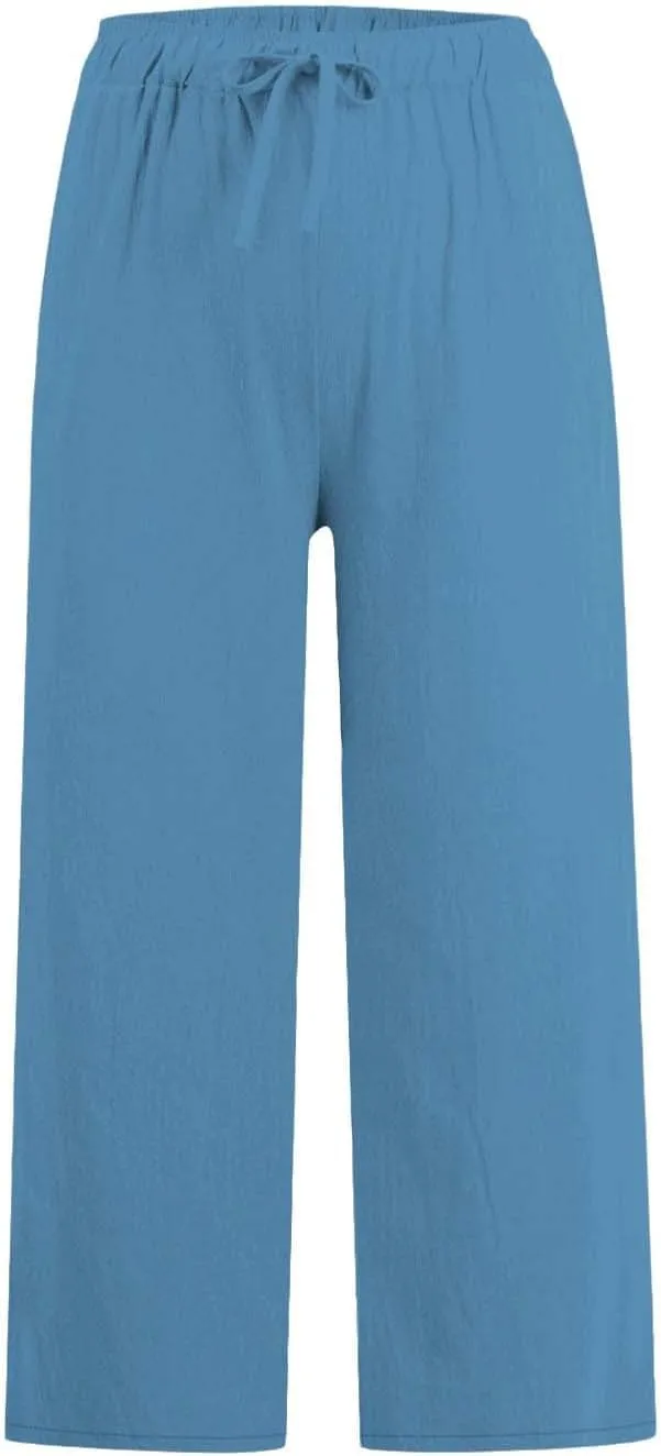 Linen Pants Women Summer Cotton Linen Capris 2025 Wide Leg Boho Pants Drawstring Vacation Beach Cropped Trouser Capris