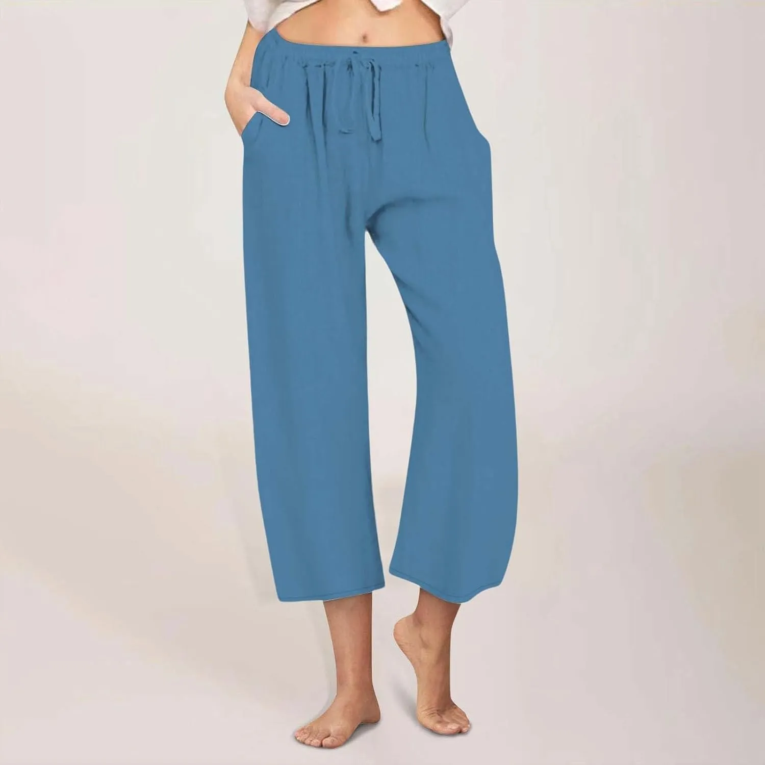 Linen Pants Women Summer Cotton Linen Capris 2025 Wide Leg Boho Pants Drawstring Vacation Beach Cropped Trouser Capris