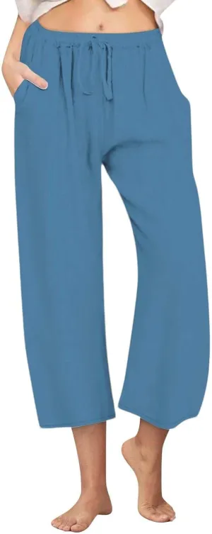 Linen Pants Women Summer Cotton Linen Capris 2025 Wide Leg Boho Pants Drawstring Vacation Beach Cropped Trouser Capris