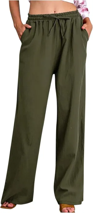 Linen Pants Women Summer Wide Leg Linen Pants Drawstring Elastic Waist Pants Casual Loose Fit Work Pants Linen Trouser