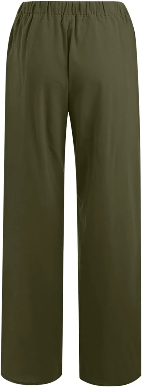 Linen Pants Women Summer Wide Leg Linen Pants Drawstring Elastic Waist Pants Casual Loose Fit Work Pants Linen Trouser