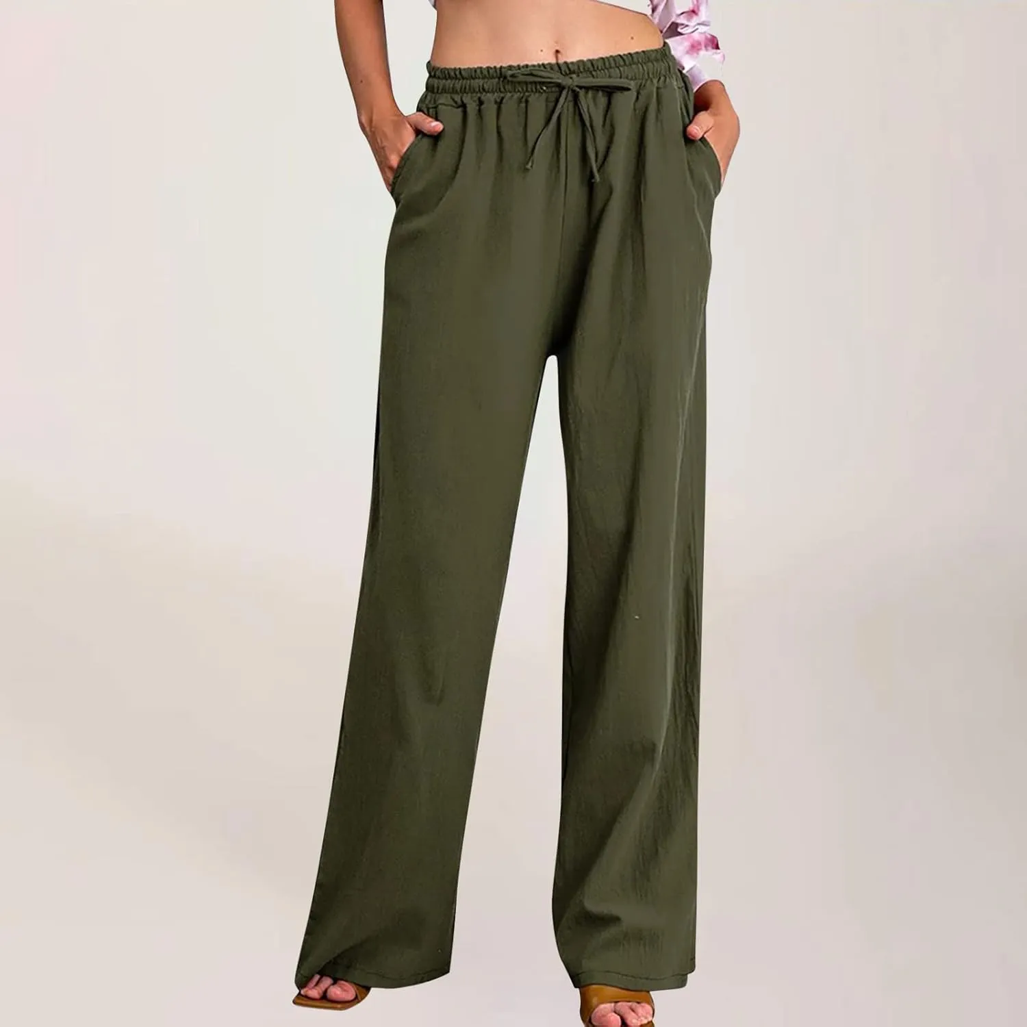 Linen Pants Women Summer Wide Leg Linen Pants Drawstring Elastic Waist Pants Casual Loose Fit Work Pants Linen Trouser
