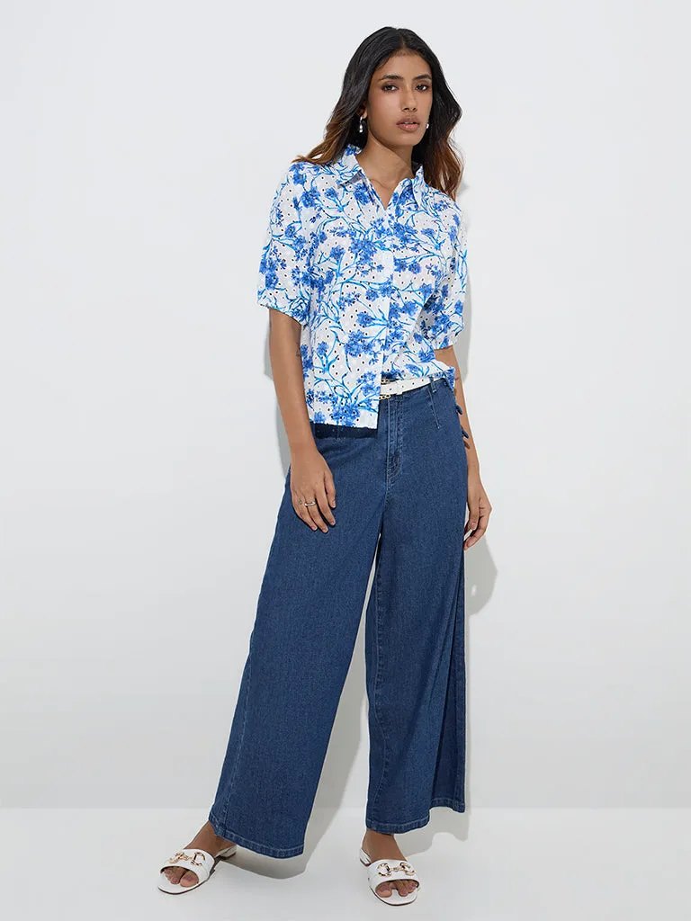 LOV Blue Floral Patterned Linen-Blend Shirt