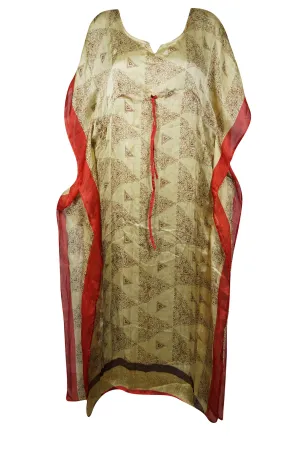 Maxi Beach Kaftan Dress, Recycle sari Beige Red XL