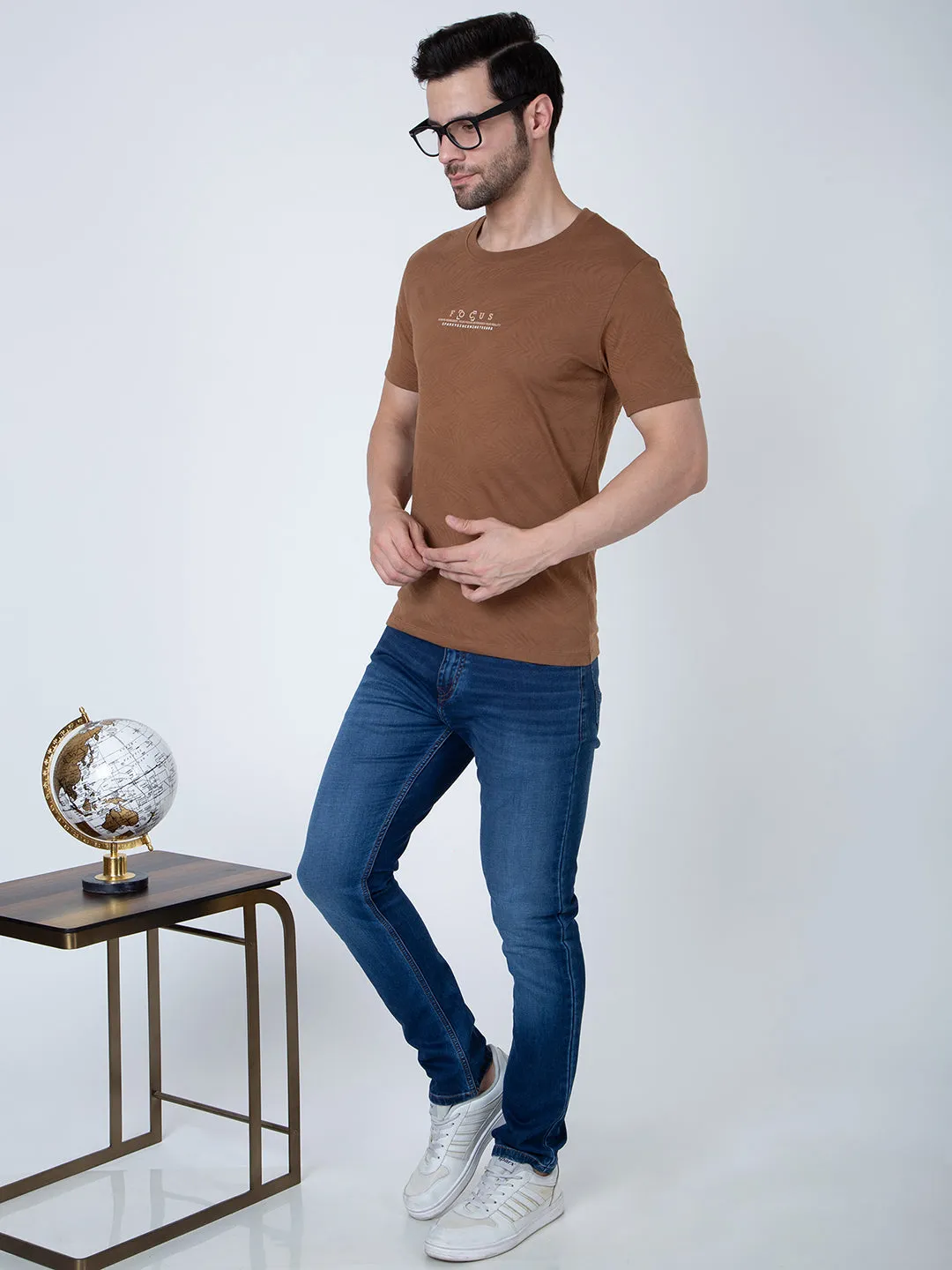 Men Jaquard Brown T-Shirt
