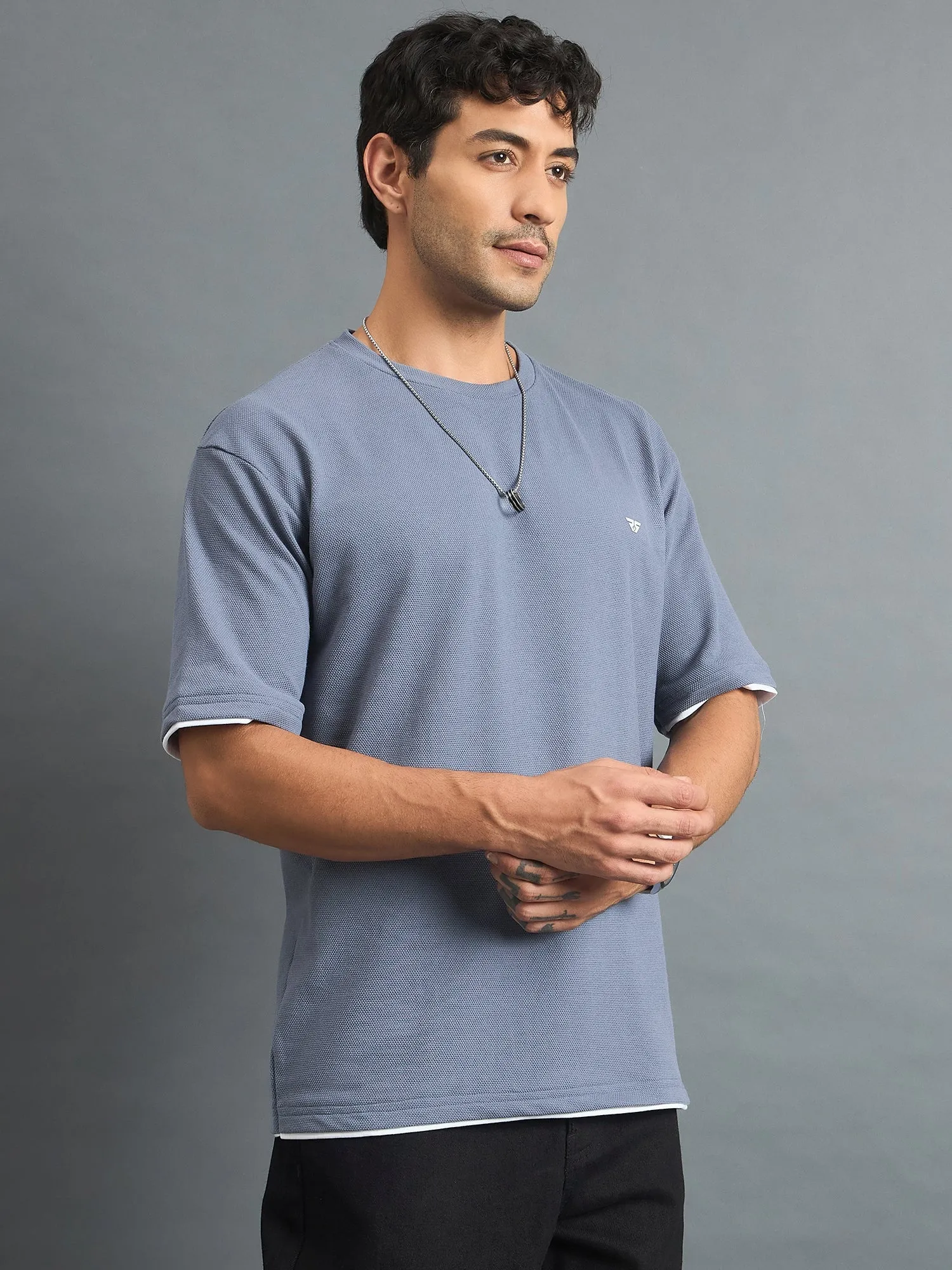 Men Oversized Round Neck Drop shoulder T-shirt Blue