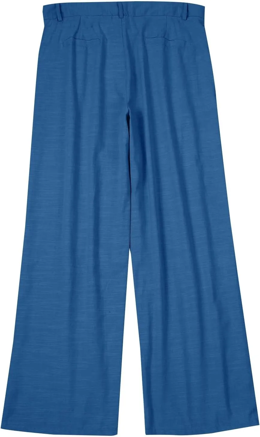 Mens Linen Casual Pants Plain Beach Vacation Pants Elastic Waist Lightweight Loose Pleated Slacks Summer Trousers