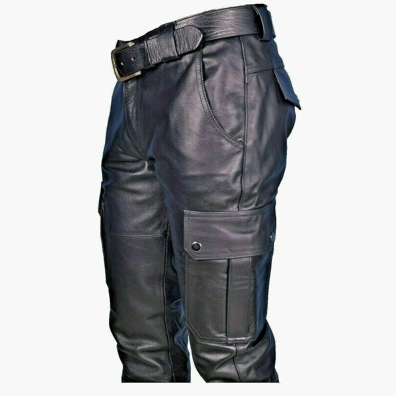 Mens Vintage Classic Steampunk Biker Pants Slim Fit Black Leather Motorcycle Long Pants Stretch Punk Retro Trousers