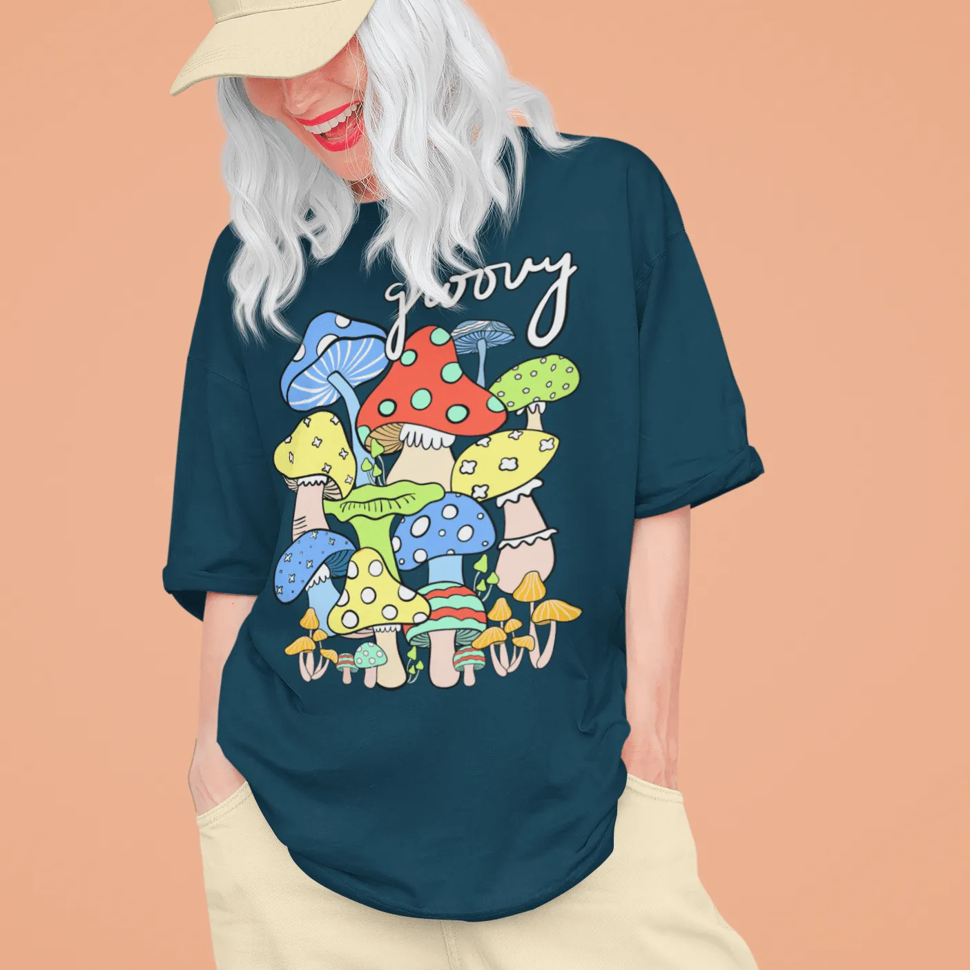 Midnight Groove Mushroom Printed Oversize T-shirts Unisex