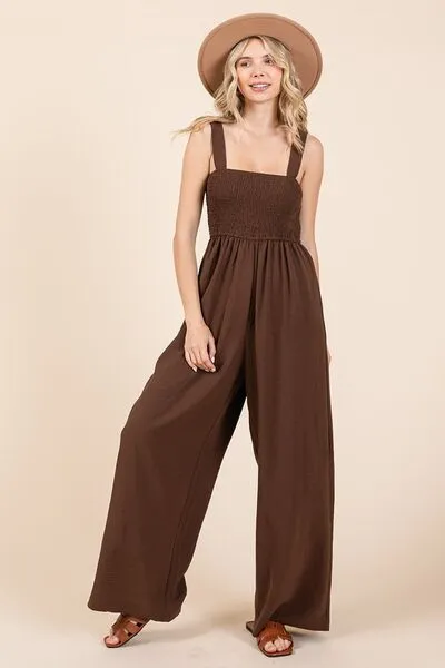 Mittoshop Smocked Wide Strap Wide Leg Overalls