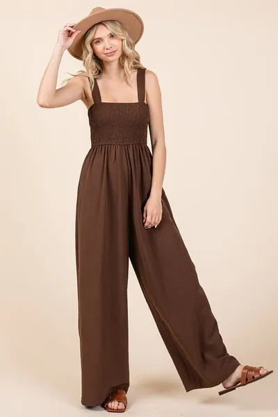 Mittoshop Smocked Wide Strap Wide Leg Overalls