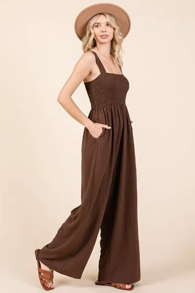 Mittoshop Smocked Wide Strap Wide Leg Overalls