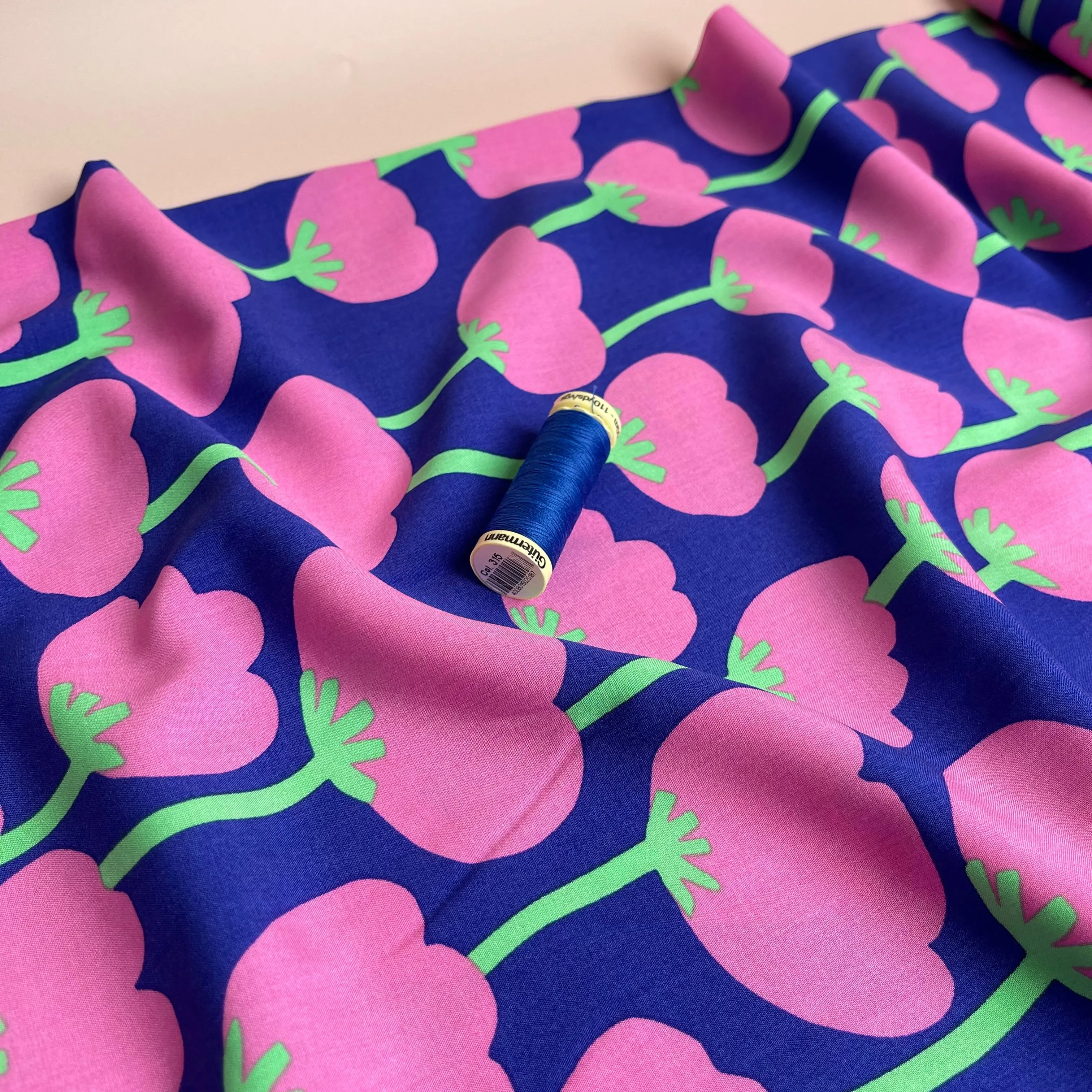 Nerida Hansen - Poppies on Royal Blue Viscose with LENZING™ ECOVERO™ fibres