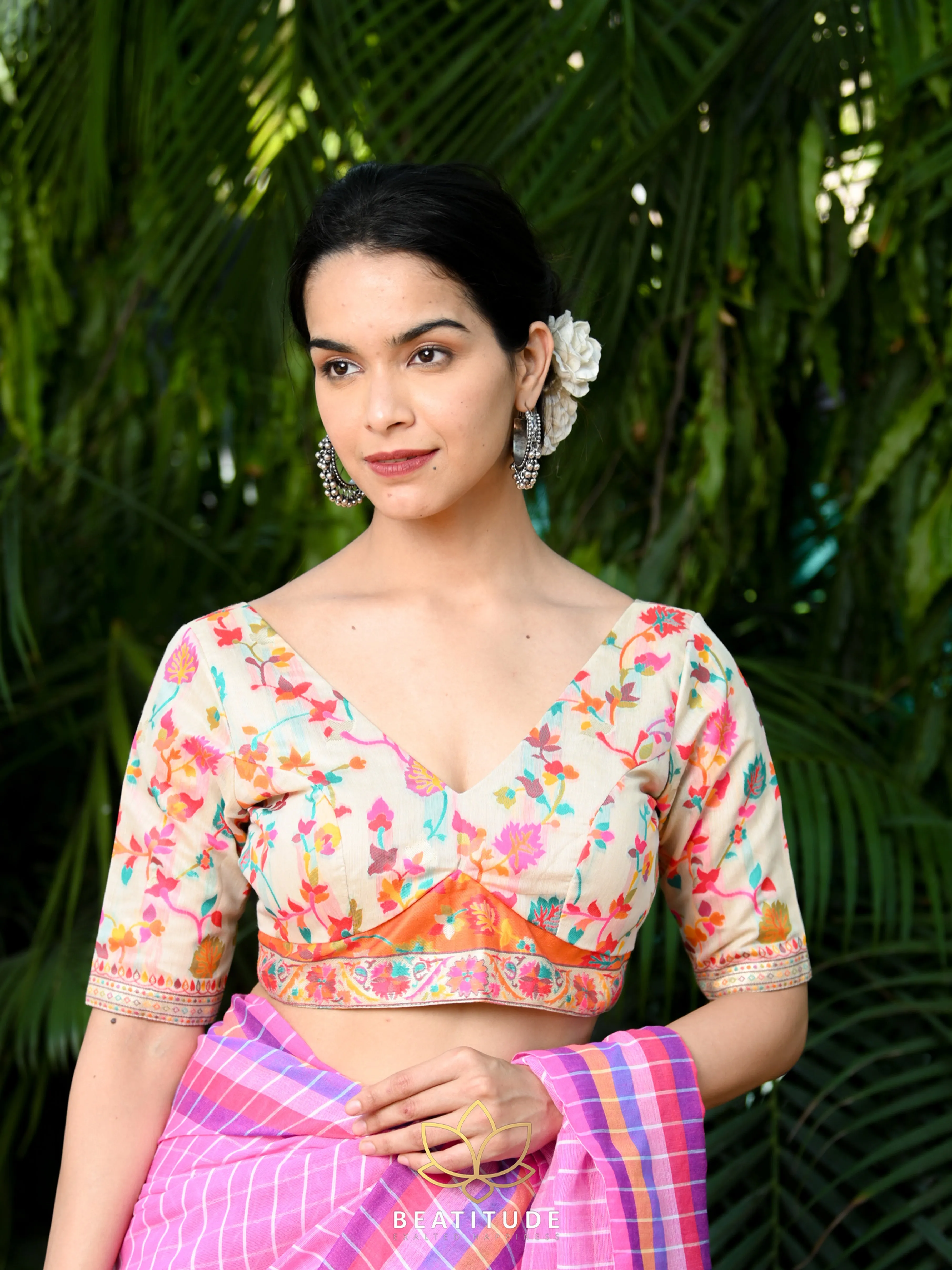 Off White Soft Modal Silk Kashmiri Weaving Blouse