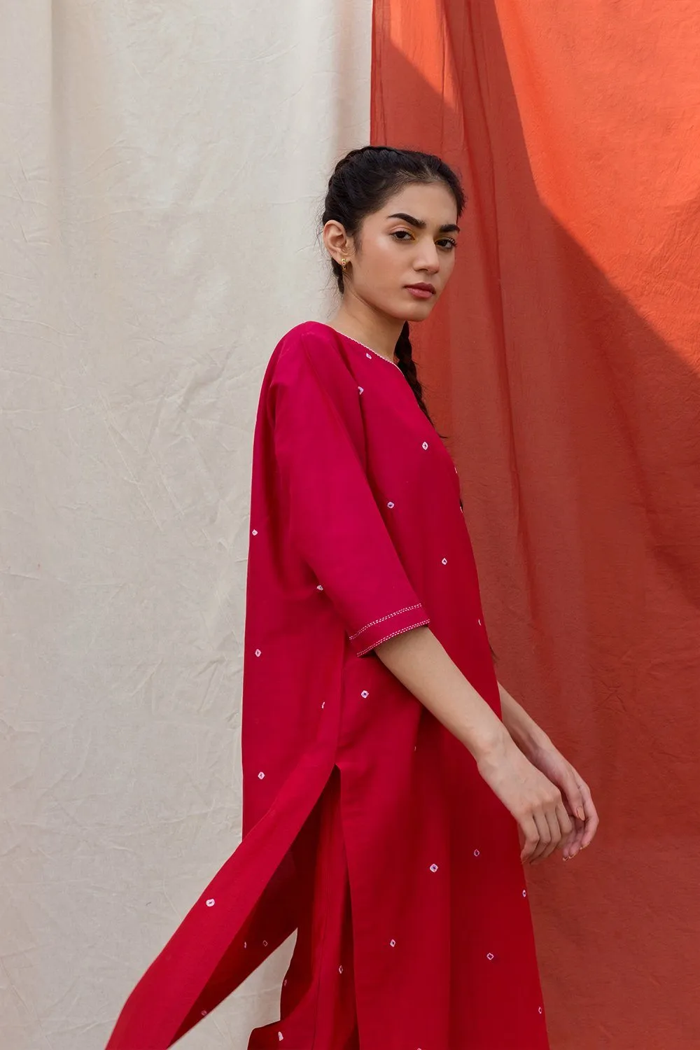 Ombre Red & Pink Bandhani Kurta