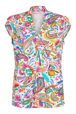 Paisley and Floral Print Top with Criss Cross V-Neck