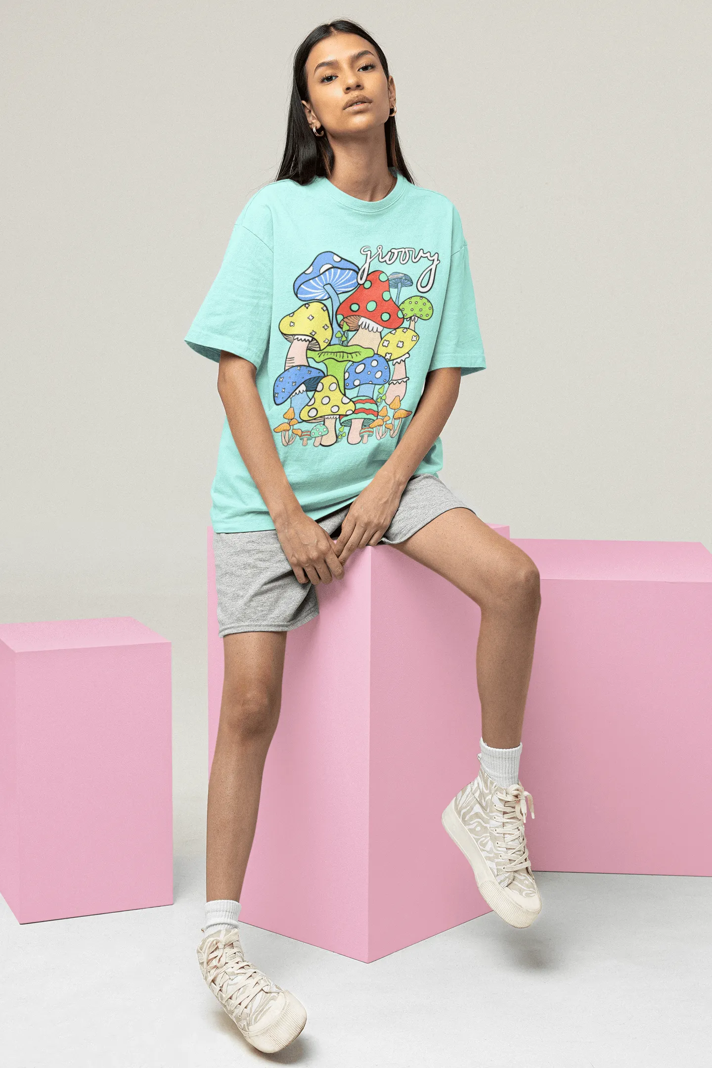 Pastel Breeze Mushroom Printed Oversize T-shirts- Unisex