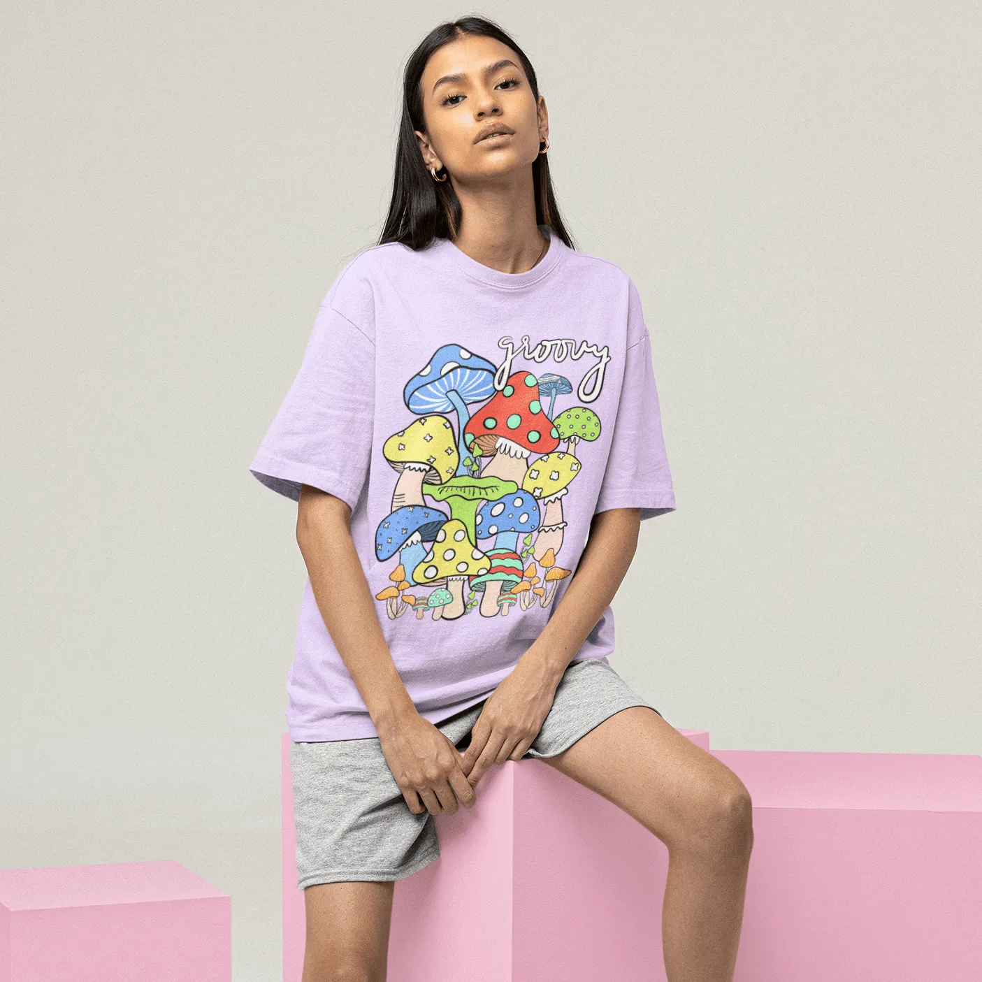 Pastel Breeze Mushroom Printed Oversize T-shirts- Unisex