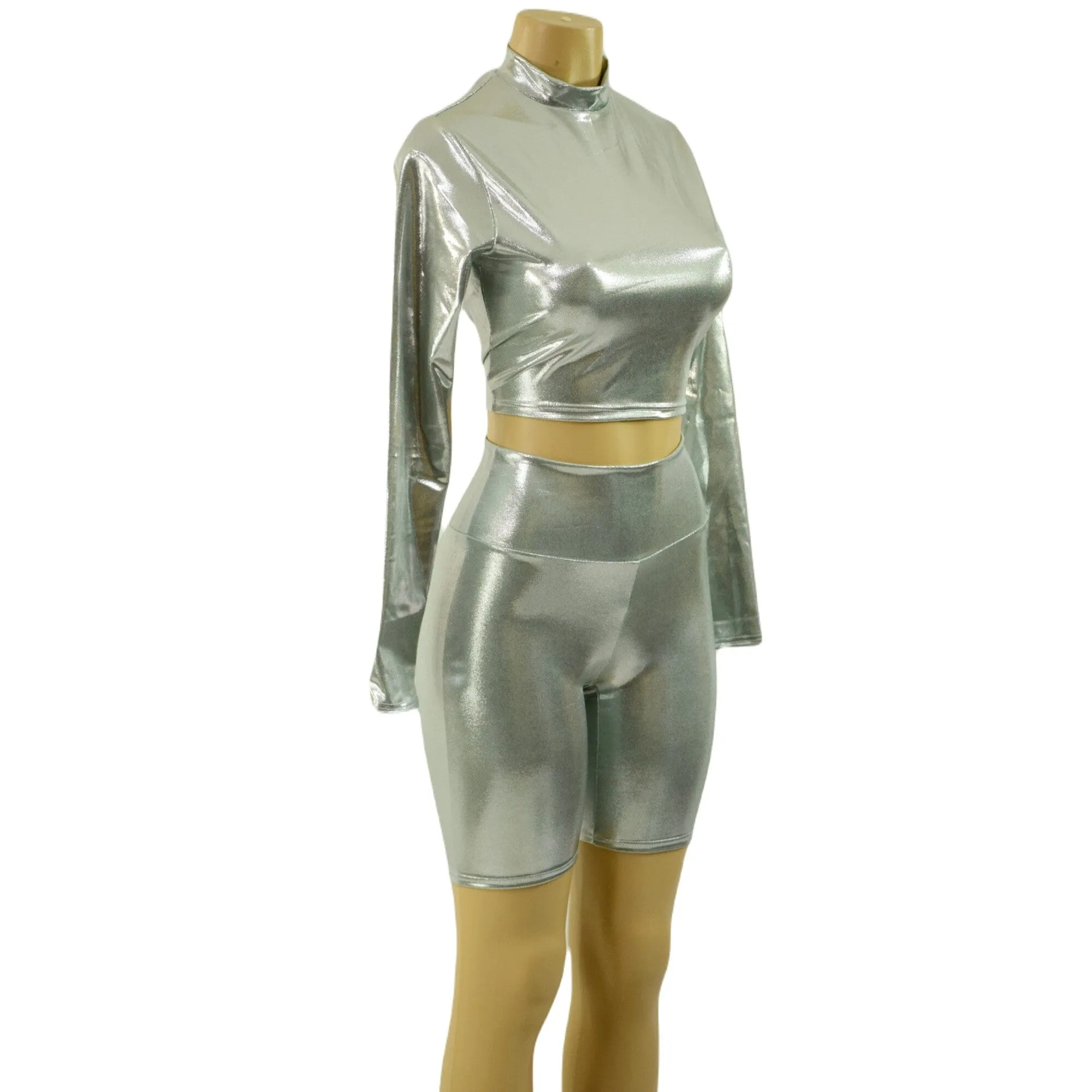 Platinum Metallic Bike Shorts and Long Sleeve Crop Top with Stella Collar