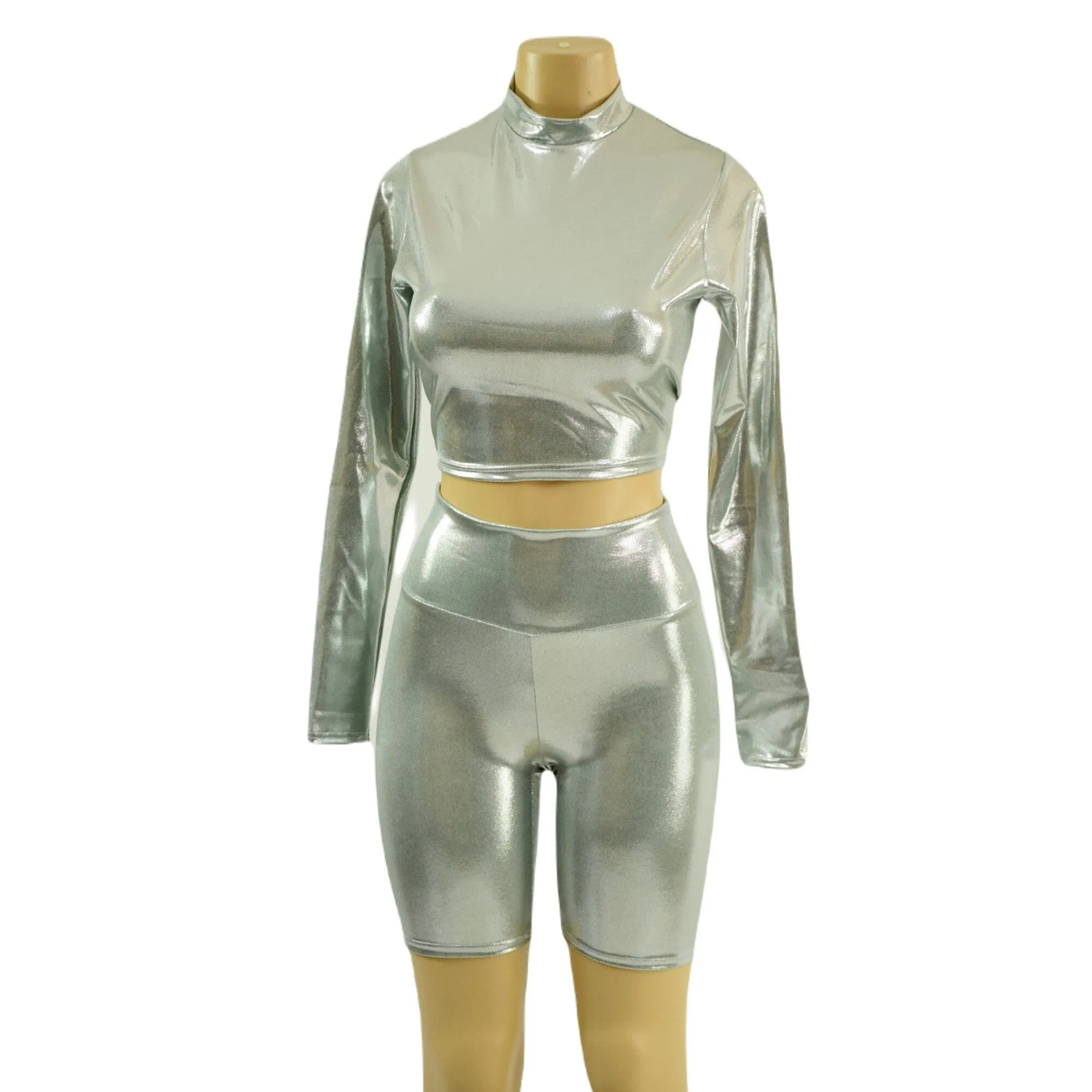 Platinum Metallic Bike Shorts and Long Sleeve Crop Top with Stella Collar
