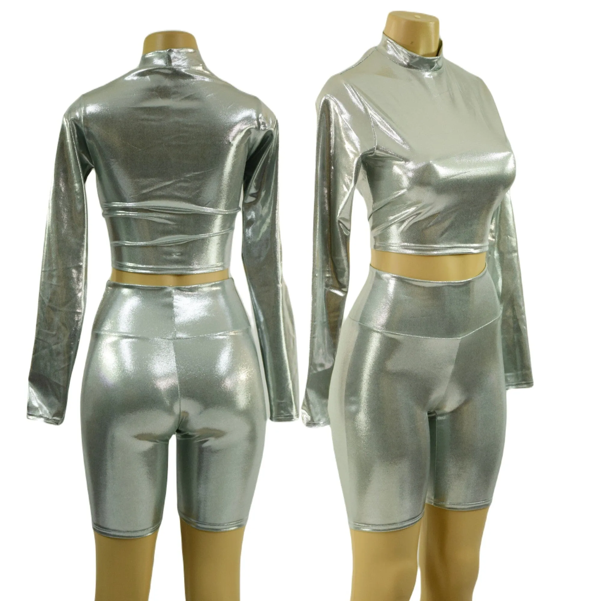 Platinum Metallic Bike Shorts and Long Sleeve Crop Top with Stella Collar