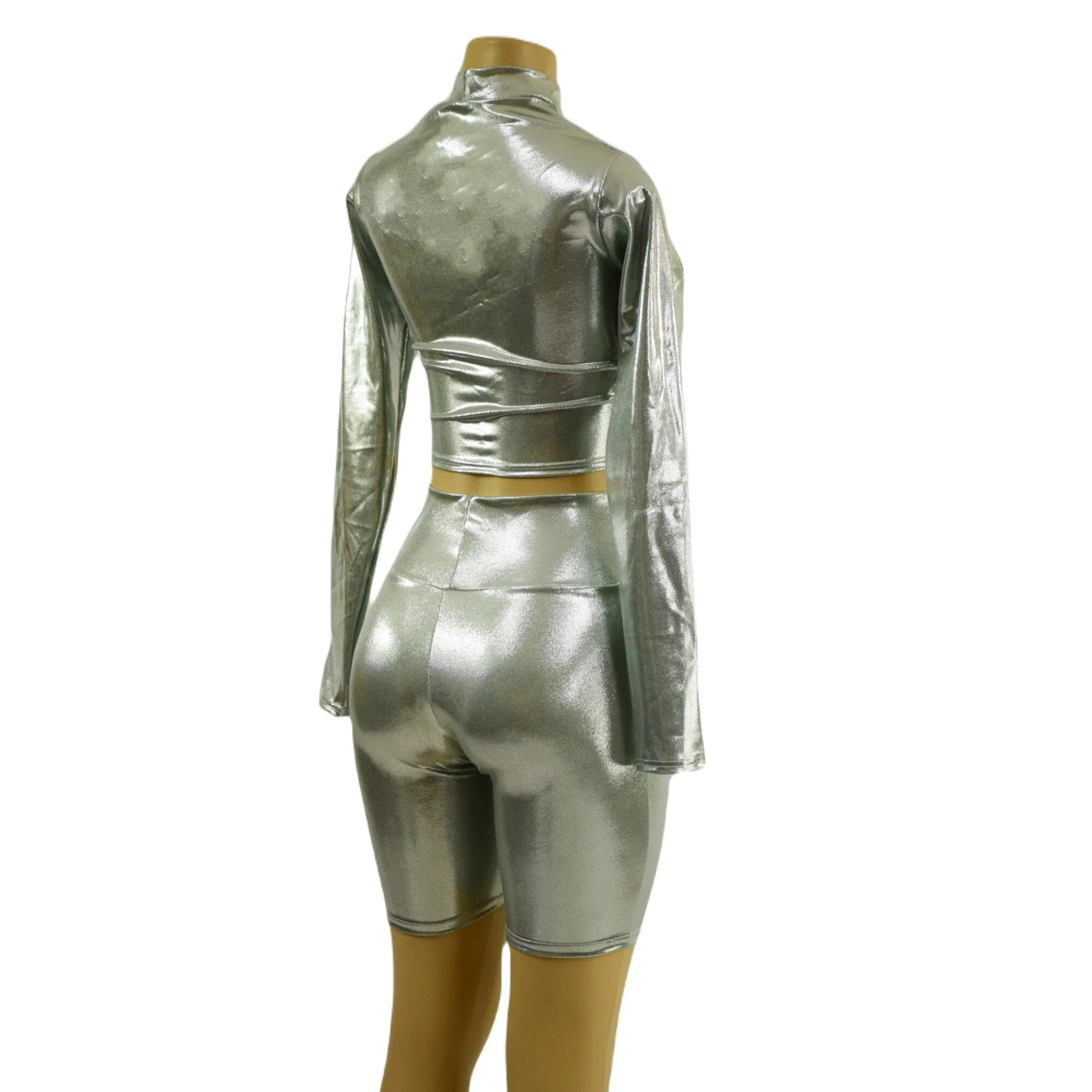 Platinum Metallic Bike Shorts and Long Sleeve Crop Top with Stella Collar