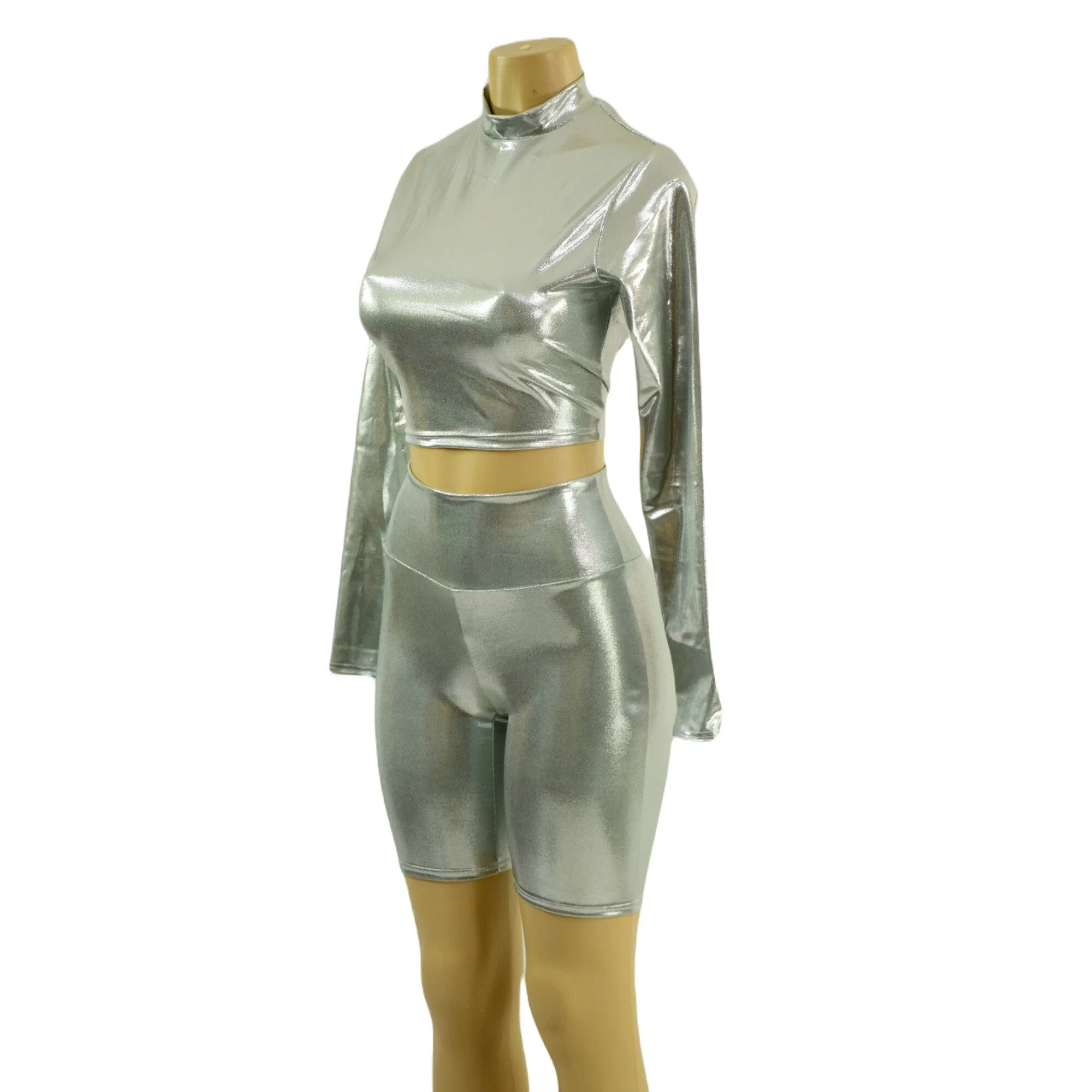 Platinum Metallic Bike Shorts and Long Sleeve Crop Top with Stella Collar