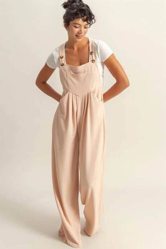 Pleated Detail Front Pocket Wide Strap Overalls in Watermelon Pink