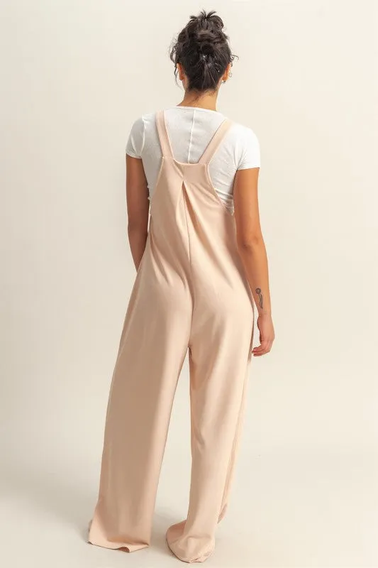 Pleated Detail Front Pocket Wide Strap Overalls in Watermelon Pink