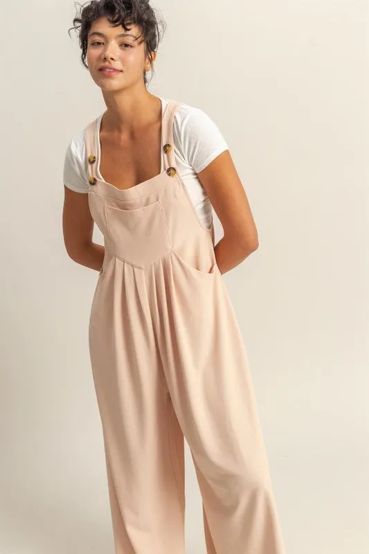 Pleated Detail Front Pocket Wide Strap Overalls in Watermelon Pink