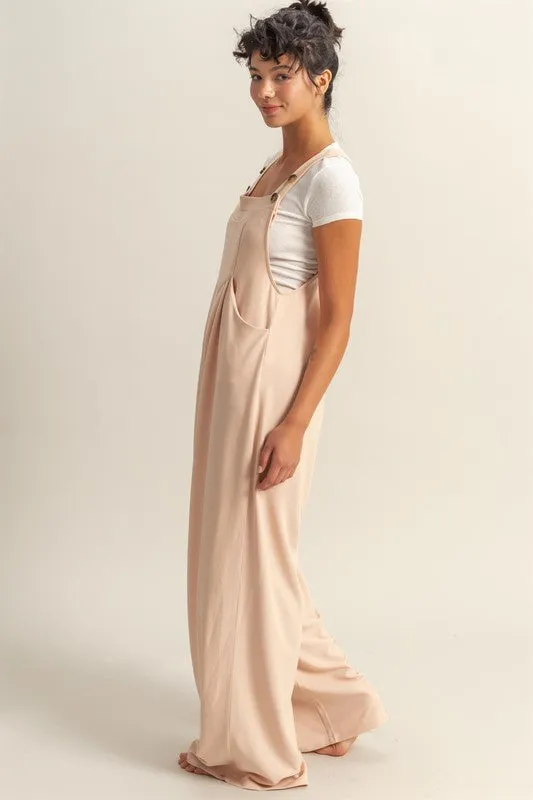 Pleated Detail Front Pocket Wide Strap Overalls in Watermelon Pink