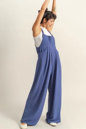 Pleated Detail Front Pocket Wide Strap Overalls