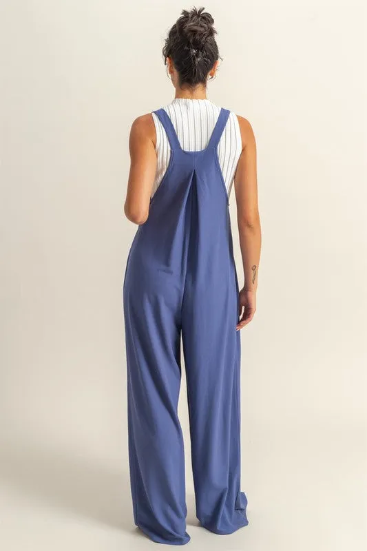 Pleated Detail Front Pocket Wide Strap Overalls