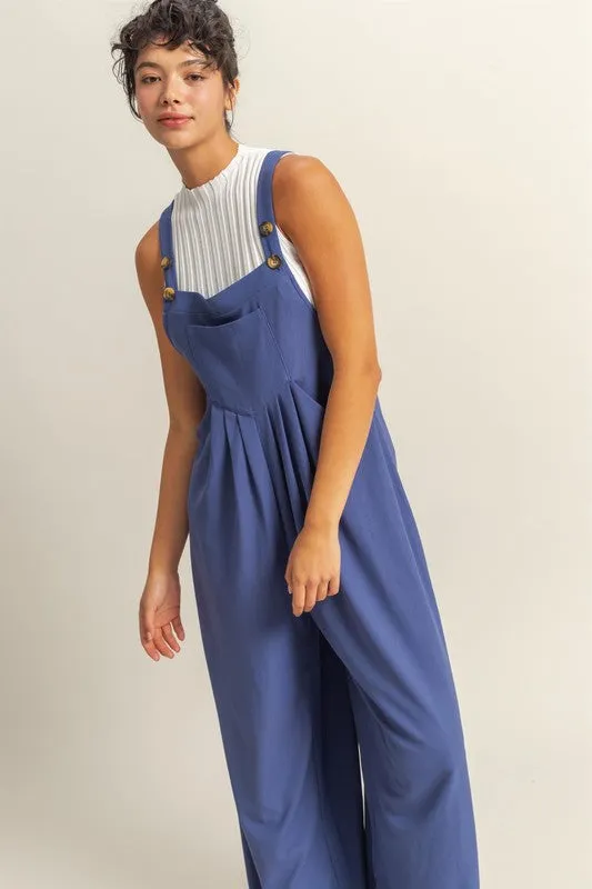 Pleated Detail Front Pocket Wide Strap Overalls