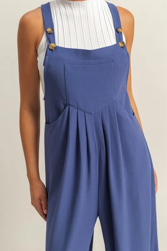 Pleated Detail Front Pocket Wide Strap Overalls
