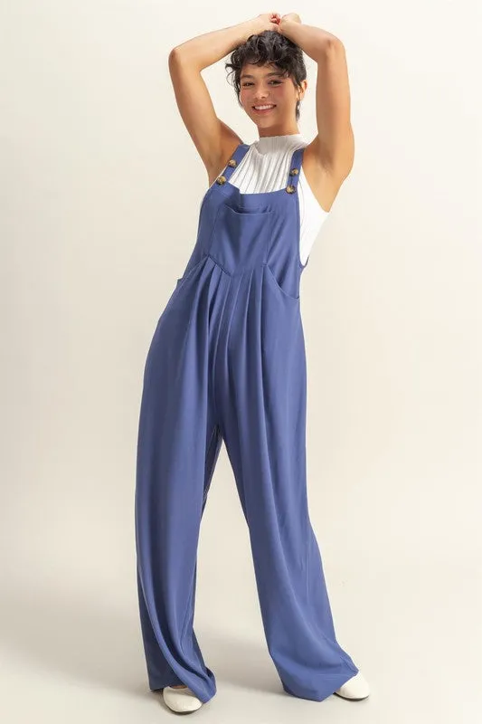 Pleated Detail Front Pocket Wide Strap Overalls