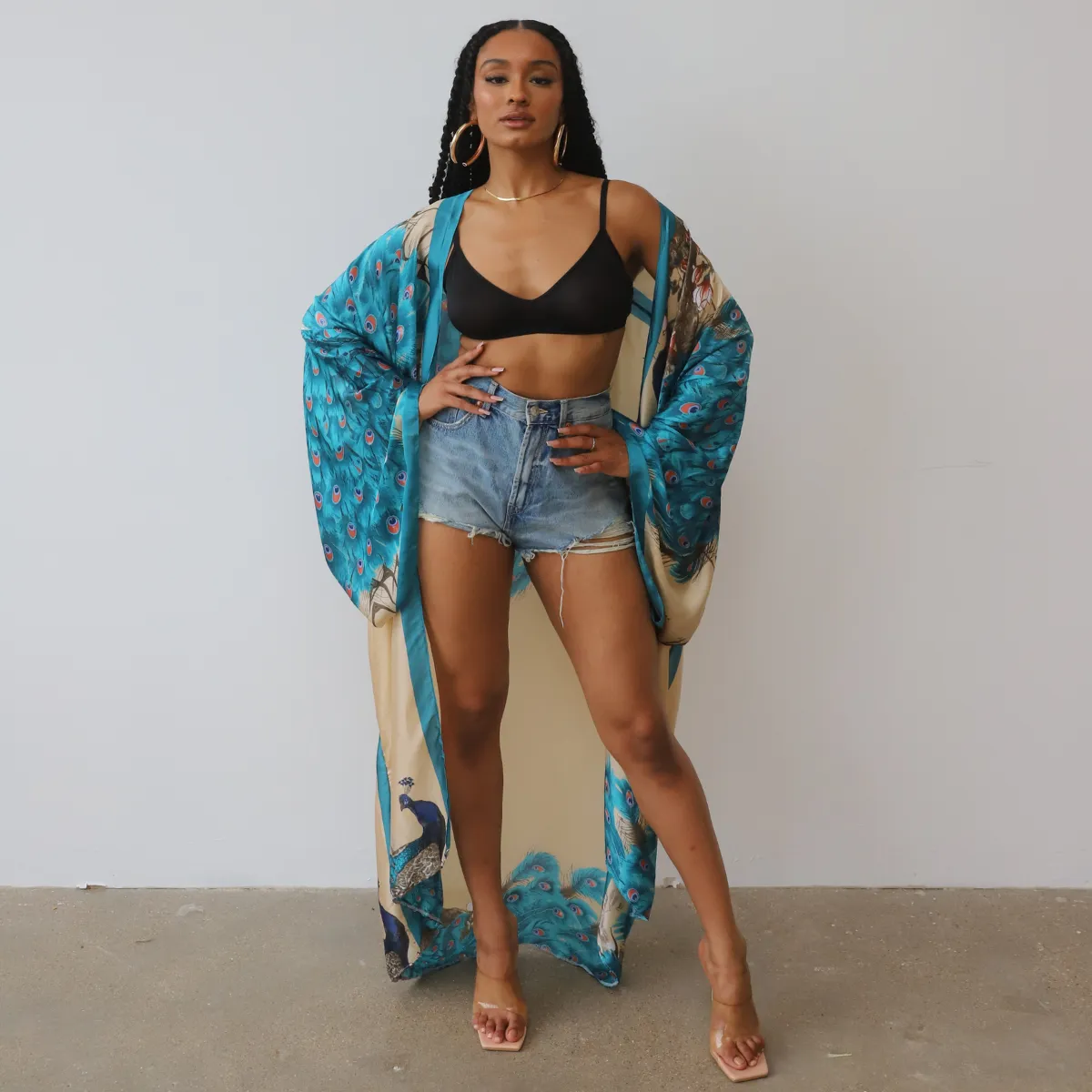 Posh Peacock Printed Kimono (Blue)