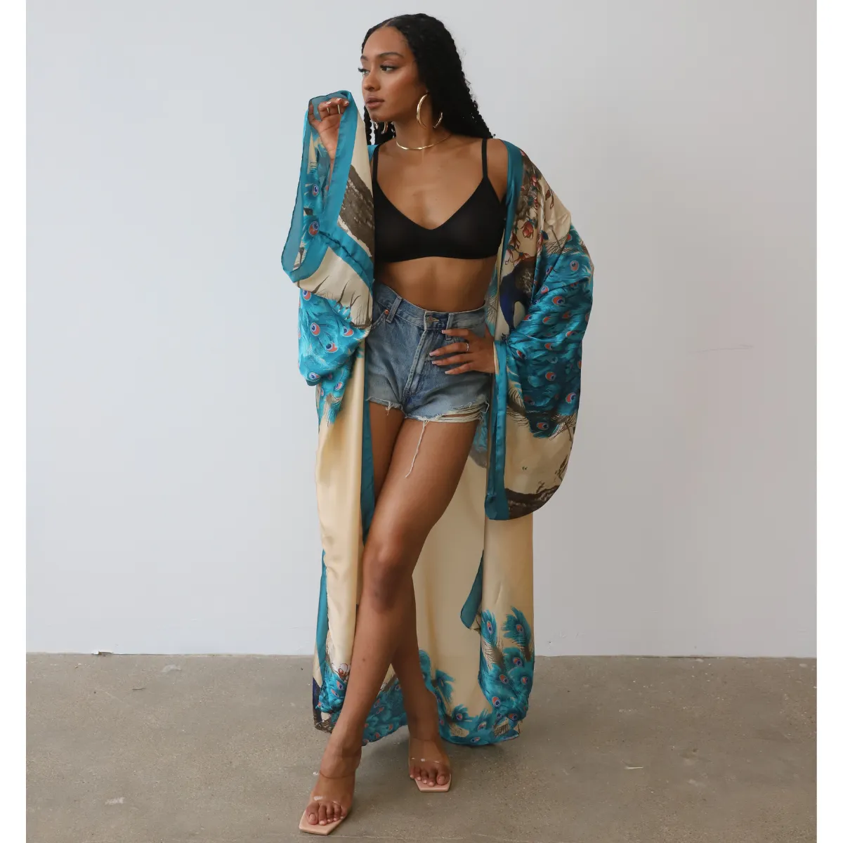 Posh Peacock Printed Kimono (Blue)