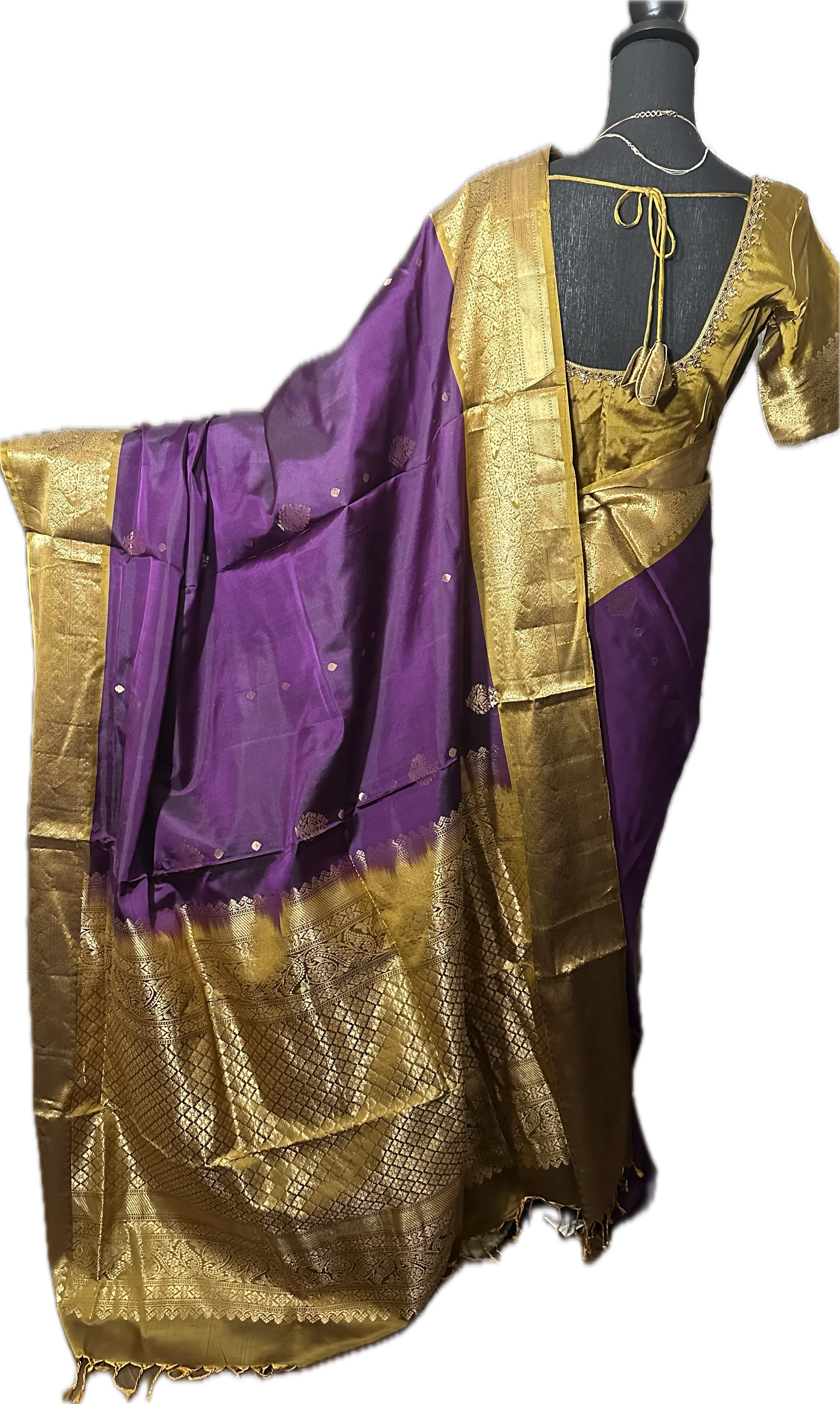 Purple goldzari pure soft silk saree online usa with stitched embroidered blouse online usa