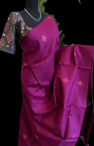 Purple pure Raw silk saree with copper motifs  with printed blouse contrast blouse