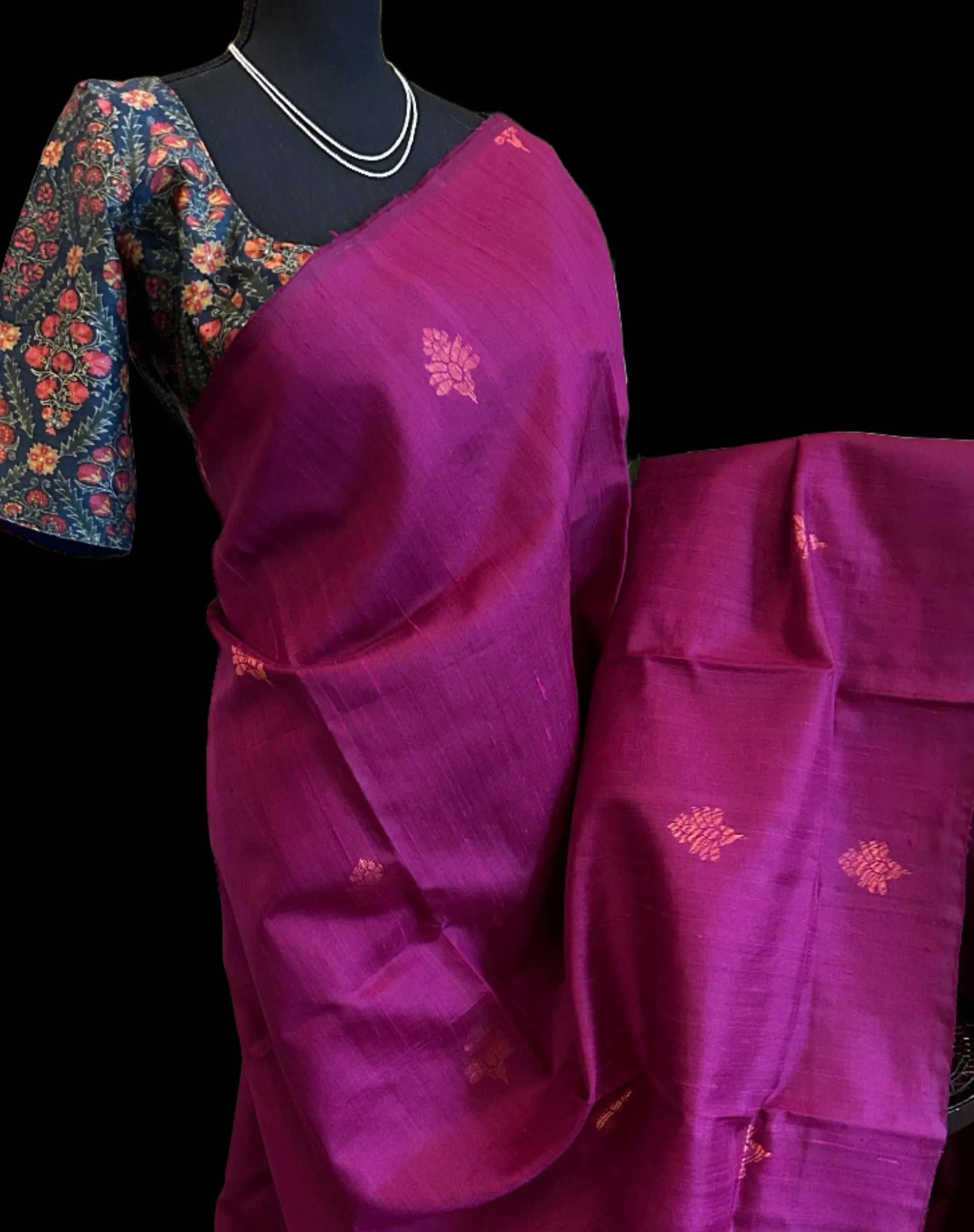 Purple pure Raw silk saree with copper motifs  with printed blouse contrast blouse