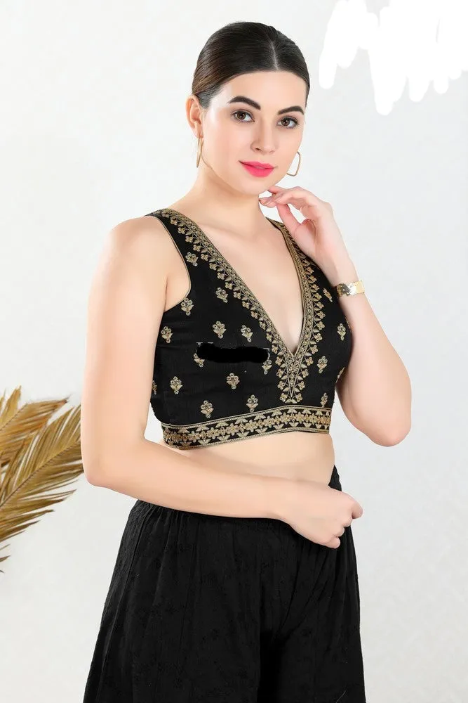 Readymade Mulbury Silk Padded Back Open Sleeveless Black Saree Blouse