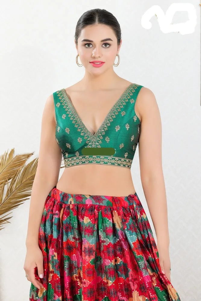 Readymade Mulbury Silk Padded Back Open Sleeveless Green Saree Blouse