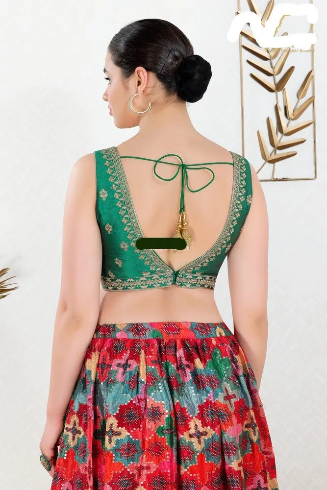 Readymade Mulbury Silk Padded Back Open Sleeveless Green Saree Blouse