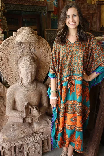 Recycled Silk Kaftan Beige Brown Paisley Handmade Midi Caftan Dress SML