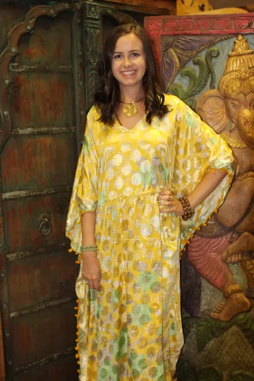 Recycled Silk Kaftan Beige Brown Paisley Handmade Midi Caftan Dress SML