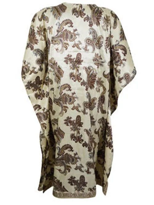 Recycled Silk Kaftan Beige Brown Paisley Handmade Midi Caftan Dress SML