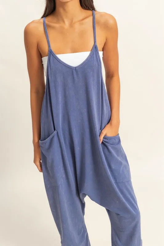 Relaxed Fit Mineral Washed Overalls with Pockets