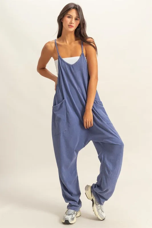 Relaxed Fit Mineral Washed Overalls with Pockets